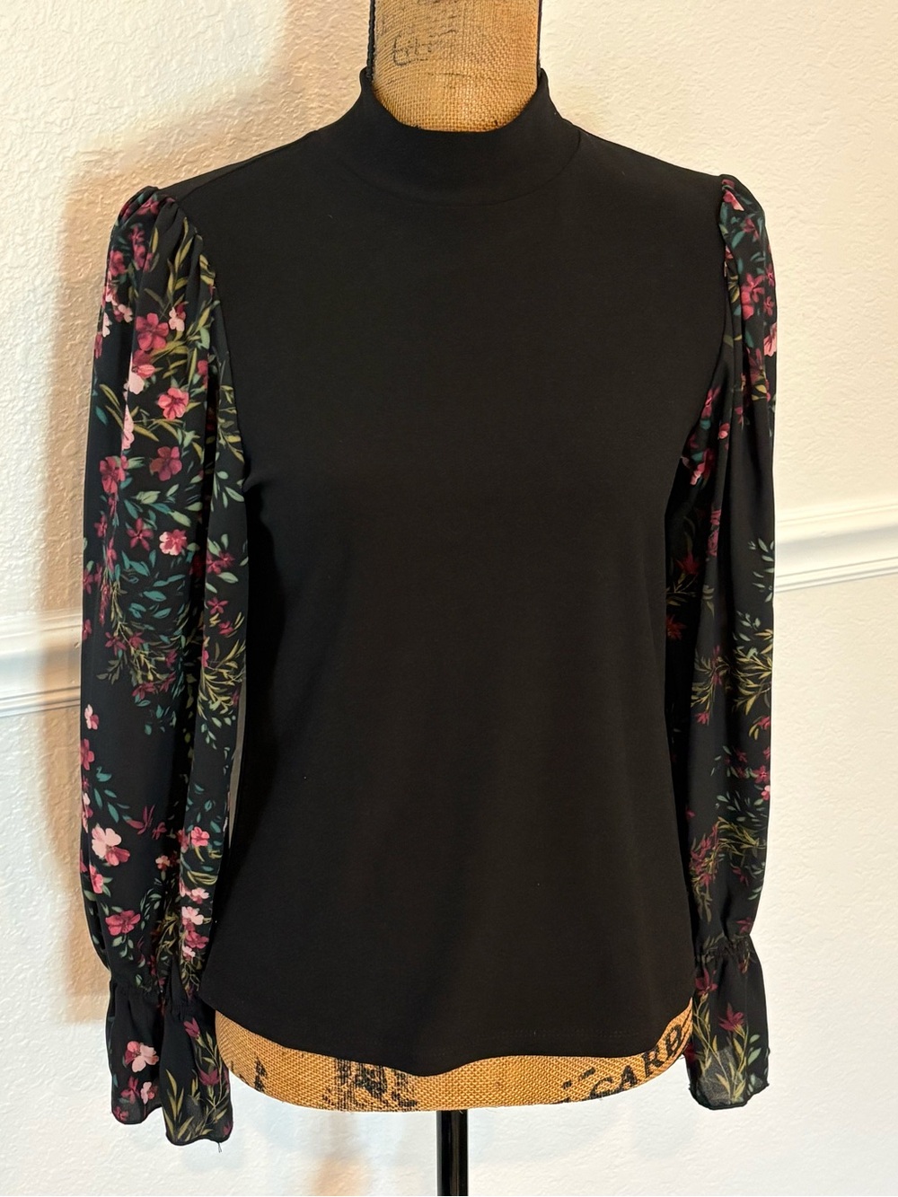 Cece Nordstrom Mixed Media Black Floral Mock Neck Sheer Sleeve Top Size XS